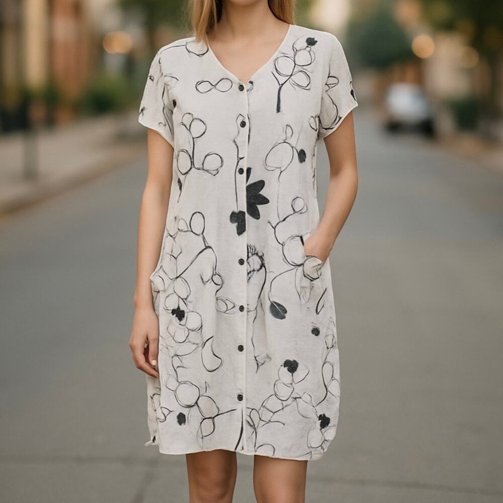 Chalet Et Cici Women's Arty Floral Tunic Dress Medium White Lagenlook Bamboo